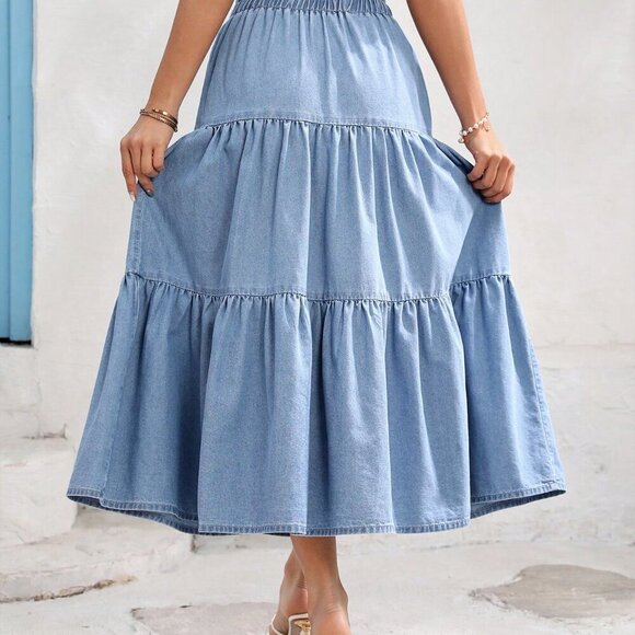 Light Blue Boho Women's Loose Elastic Waist Denim Skirt - Picture 2 of 6